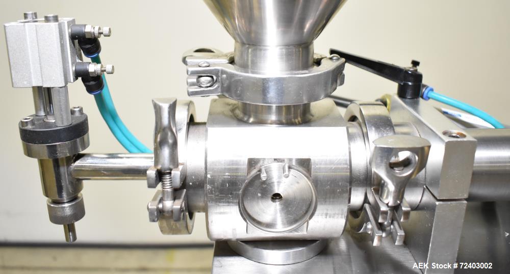 Used Wenzhou Rigao Table Top Semi Automatic Piston Filler, Model DYF. 316L Stainless steel product contact. Filling speed 5 to 20 bottles per minute. Filling accuracy /= 1% +/-. Filling range: approx...